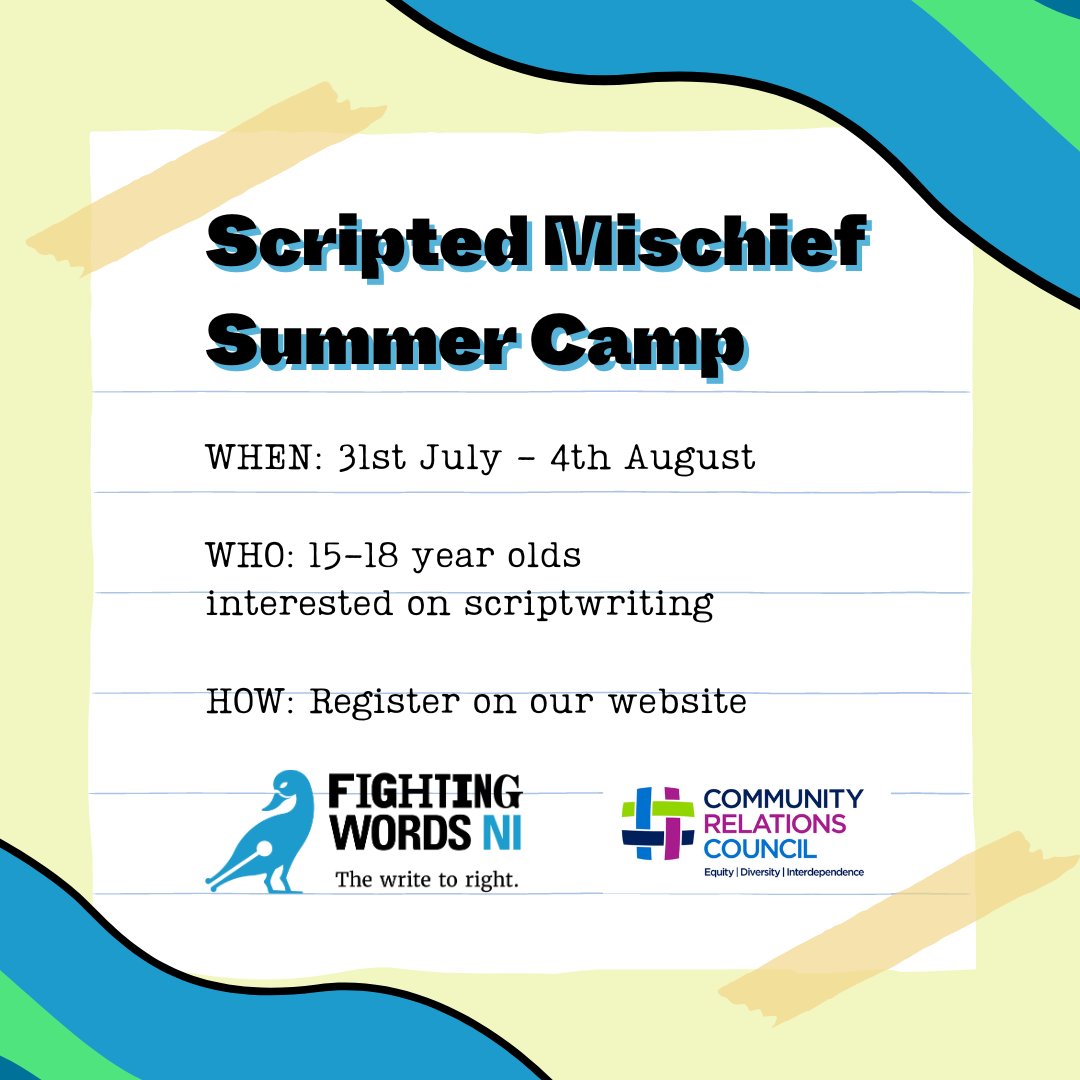 We’re up to something &amp; all young NI playwrights 15-18 are invited: SCRIPTED MISCHIEF Summer Camp 31 Jul–4 Aug will cover writing for stage, audio &amp; film/TV. Work w/ professional writers to create an original short script. Register  fightingwords.co.uk/scripted-misch… <a href="/NI_CRC/">NI_CRC</a> #BackstageTrust