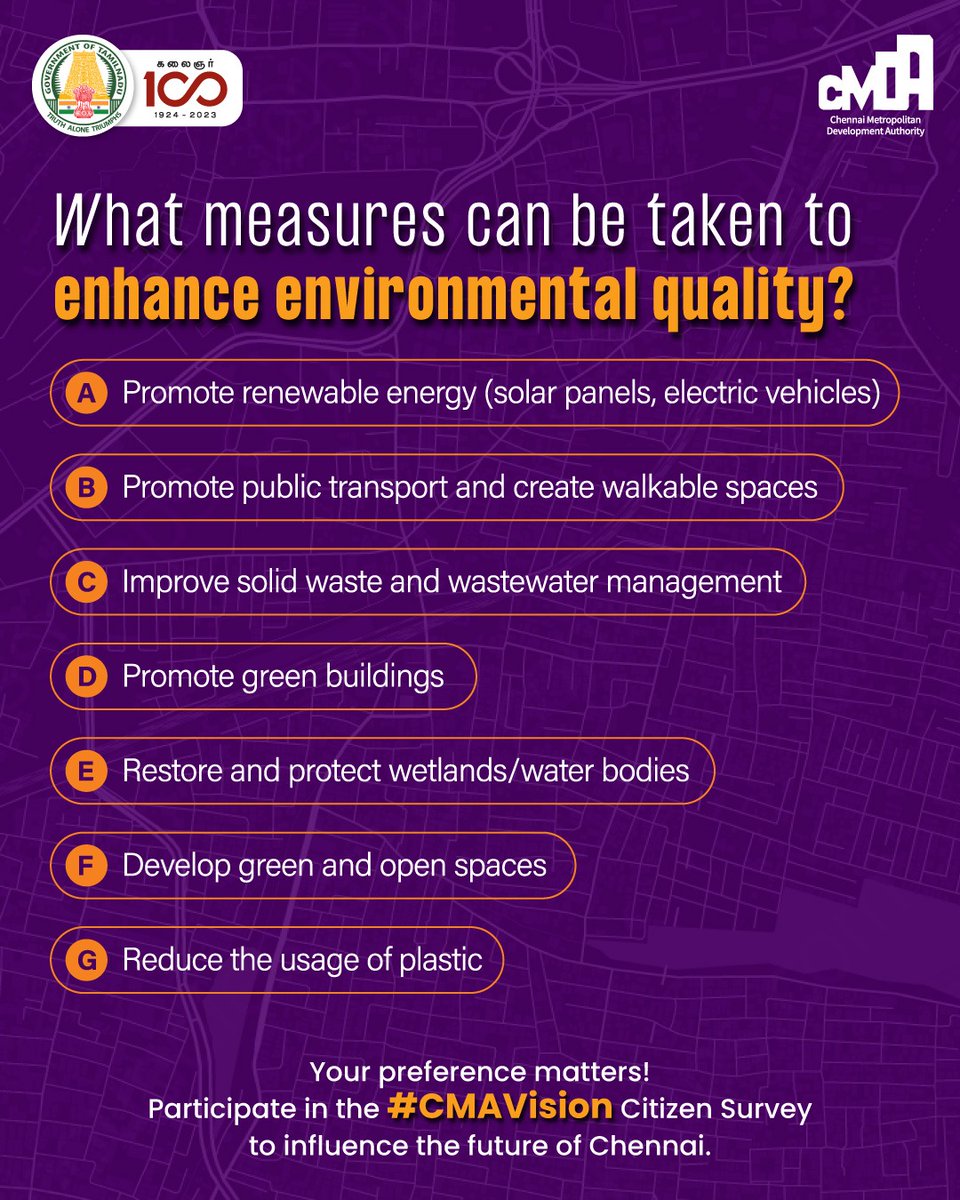 CMDA_Official's tweet photo. Your opinions will shape the future #chennai. Take the #survey today for a better tomorrow.
Comment your preferences below 👇
Click the link to participate in the survey, https://t.co/t3iXVnTY7K
#cmavision #CMDA #PublicOpinion #development #chennaimasterplan #masterplan #urbanplanning #urbandevelopment