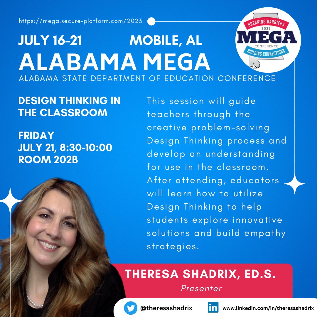 If you are attending @AlabamaAchieves MEGA next week, make plans to attend my session on Friday and learn about #DesignThinking in the classroom. It’s going to be a great conference! #ALMEGA2023 #dtk12chat #aledchat
