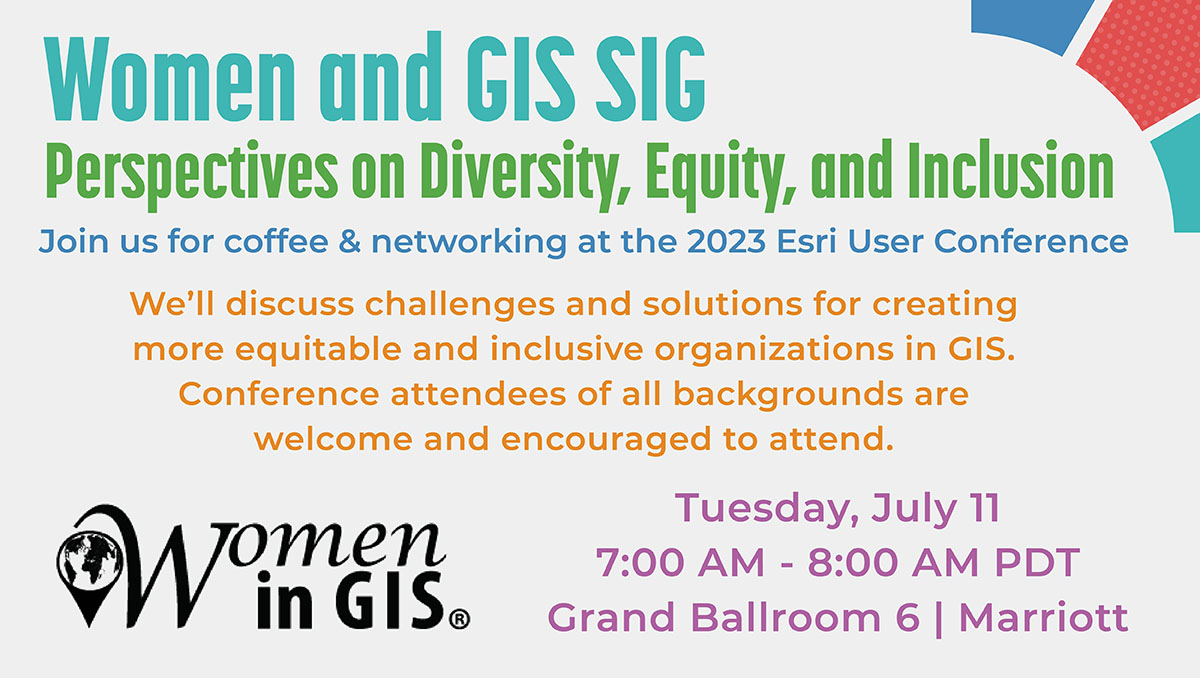 Join @womeningis to discuss #DEI perspectives within the GIS community! The meeting is Tuesday, July 11, 7:00-8:00 AM in Grand Ballroom 6 | Marriott. And yes, coffee will be available. ☕ Conference attendees of all backgrounds welcome! #EsriUC2023