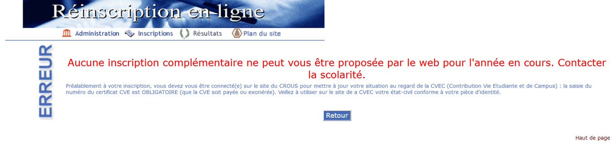 Binafflek's tweet photo. @univamu 

Pourriez-vous m'indiquer quoi faire losque le message suivant apparaît lors de la réinscription ?

Ma scolarité me demande de m'inscrire.

"Aucune inscription complémentaire ne peut vous être proposée par le web pour l'année en cours. Contacter la scolarité."

#AMU https://t.co/ULNLwb4m4I