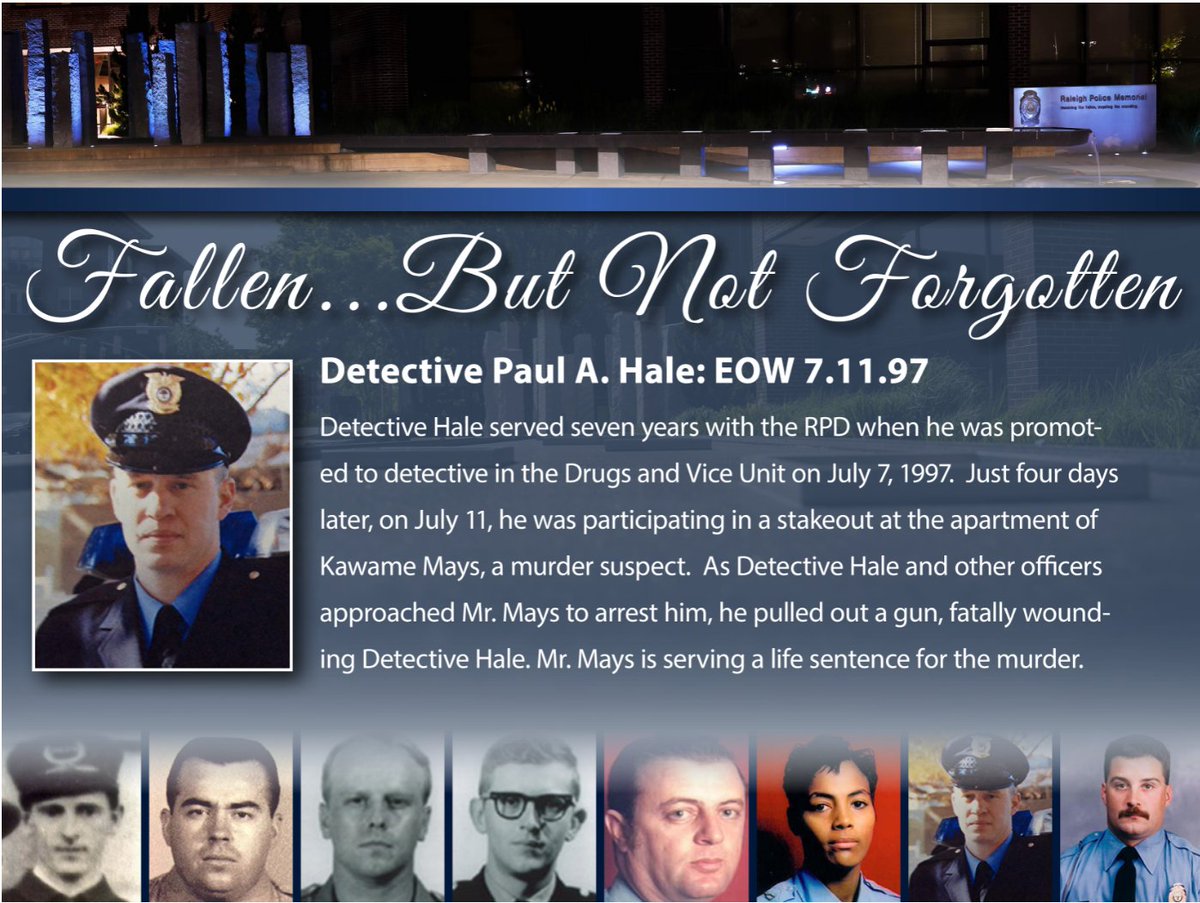 Today, the RPD will honor fallen detective Paul A. Hale at an End-of-Watch wreath-laying ceremony. The ceremony will occur at noon at the Raleigh Municipal Building, 222 West Hargett Street, and will be live-streamed on our Facebook here - facebook.com/RaleighPoliceD…

#EndOfWatch