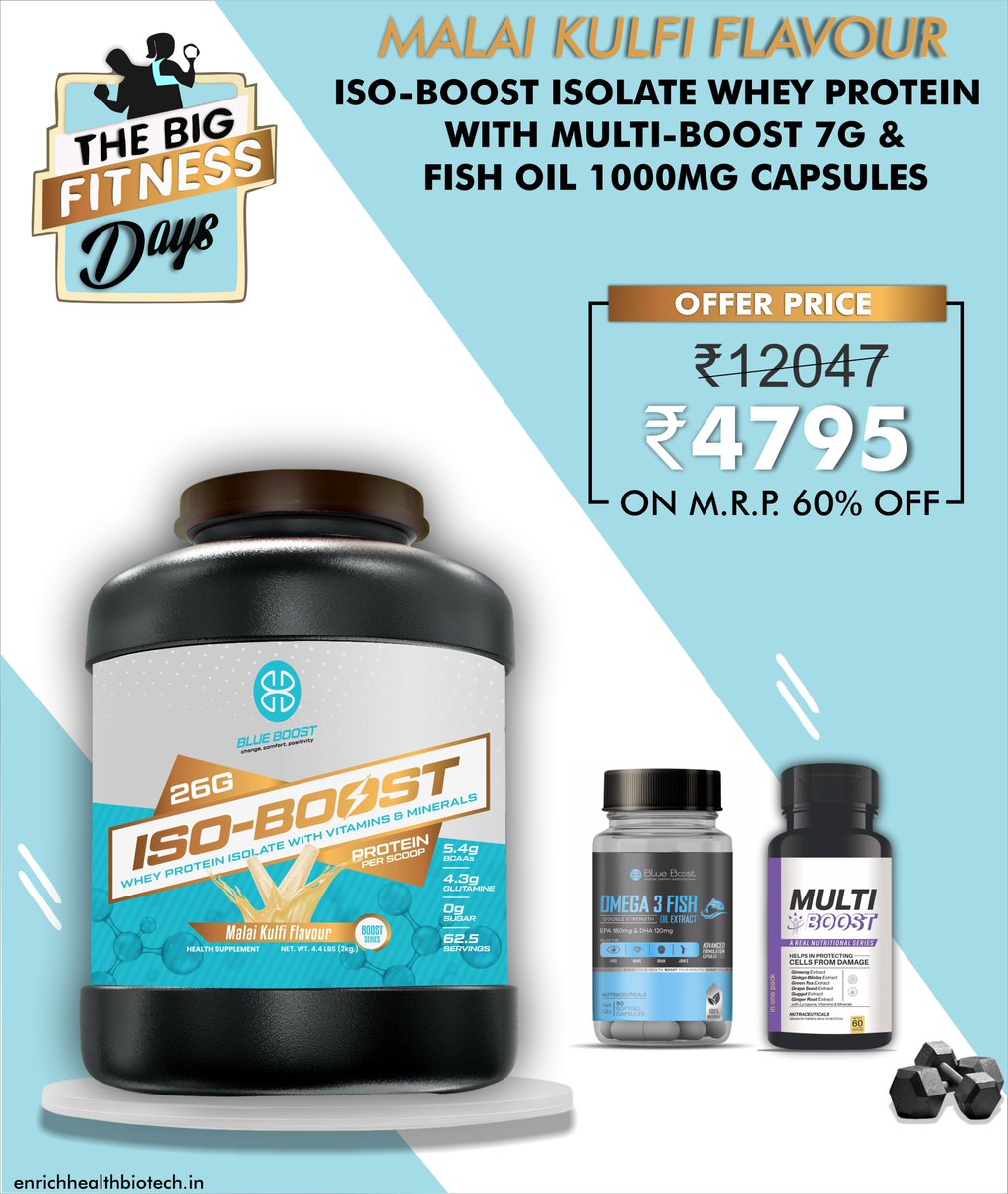 enrich_biotech's tweet photo. ISO- BOOST ISOLATE WHEY PROTEIN
WITH MULTI BOOST 7G & FISH OIL 1000MG CAPSULES WITH MALAI KULFI FLAOUR
#ISOWHEY #iso #whey #WHEYPROTEIN #Wheyprotein #isolate #vitamind3 #vitamine https://t.co/YHl6o3PUBI