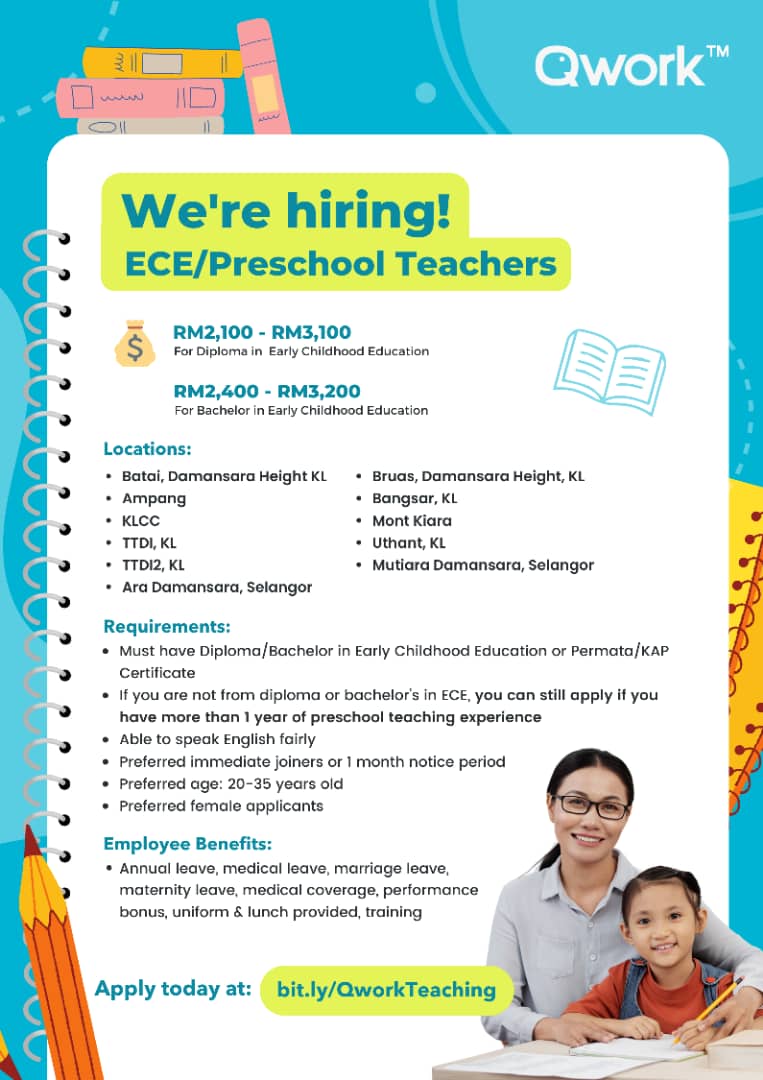 cye_lok's tweet photo. "📢 We're hiring Early Childhood Education (ECE) or Preschool Teachers!

Join Qwork teacher network &amp; we will place you in preschool teaching jobs with our employers.

Fill out our form to apply: https://t.co/MpZvnTuNfM  forward this post to them!#ECEteachers https://t.co/XhCpe71RPu