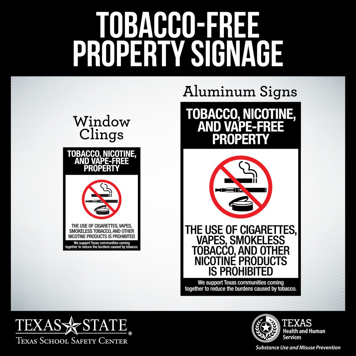 The Community Prevention Program (CPP) offers tobacco-free and vape-free property signage to schools, college campuses, and community organizations at no cost! Visit txssc.txstate.edu/about/programs…  to learn more about the resources the program offers and to order signage today!