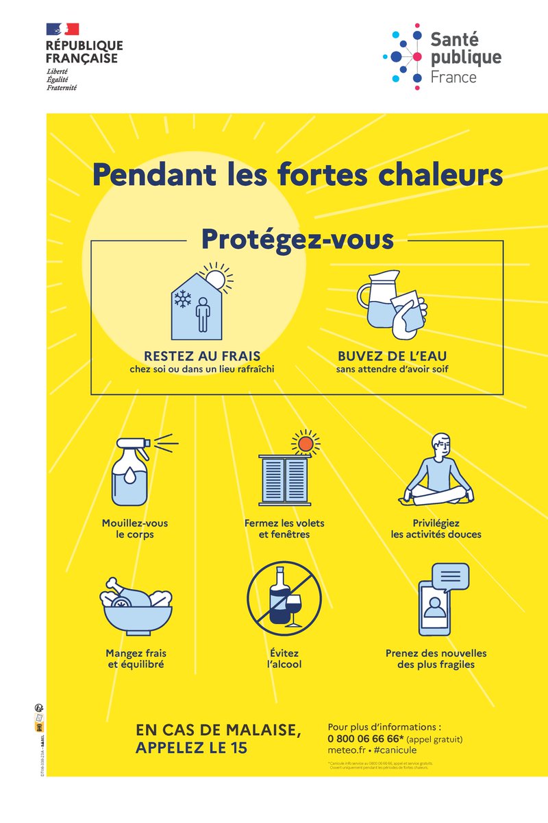 Alerte #canicule ☀️🌡
Pendant les fortes #chaleurs, adoptons les bons réflexes en suivant les conseils énoncés par <a href="/SantePubliqueFr/">SantépubliqueFrance</a> ! ⬇️
Soyez prudent(e)s !