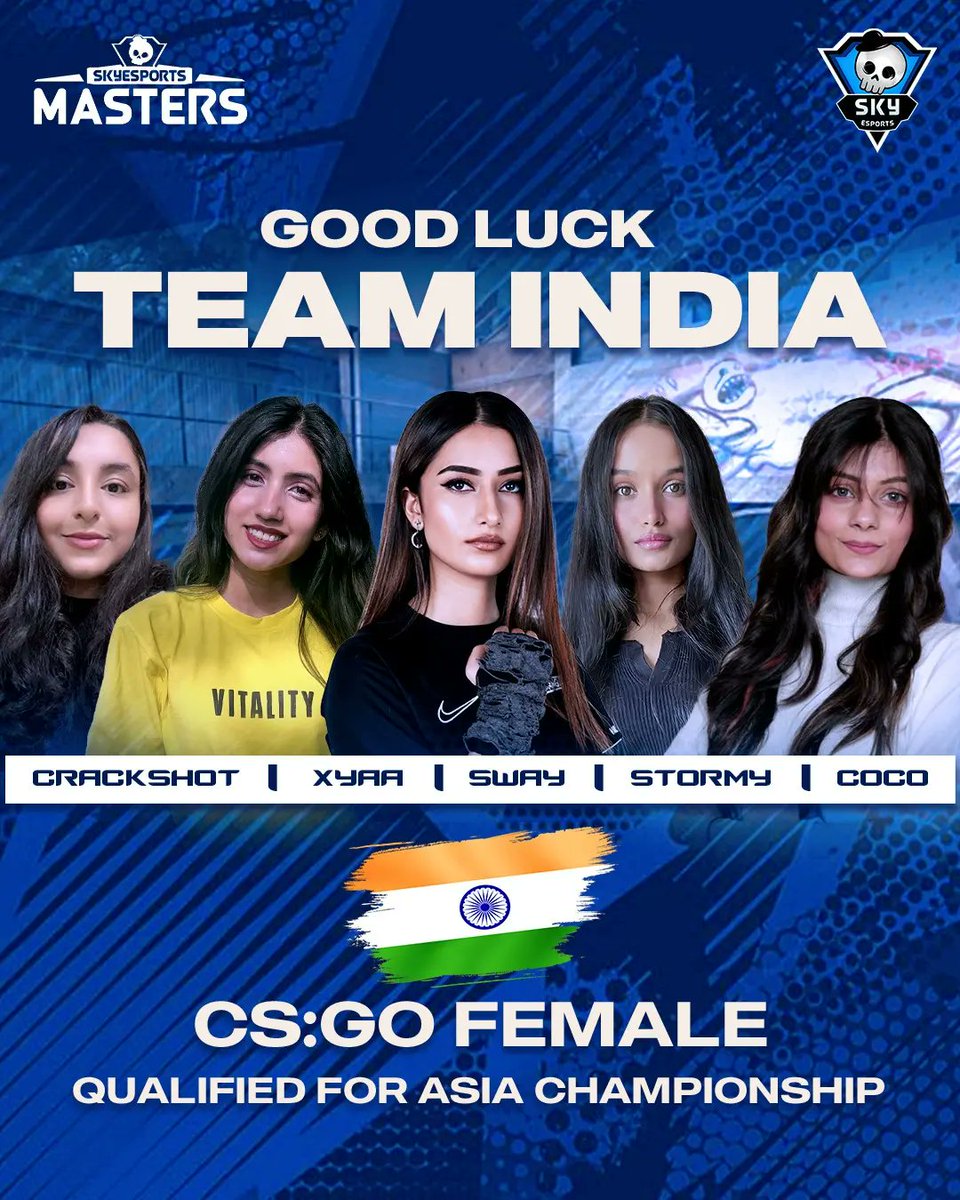 skyesportsintl's tweet image. Rising together, the Indian CS:GO team steps into the battleground ready to conquer and make their mark on the global stage!

Indian Female Team represents -
Sway, Xyaa, Crackshot, Stormy &amp;amp; Coco

Indian Male Team represents -
F1redup, Spawn, Clouda, N1kace, Skwow

We wish all the…