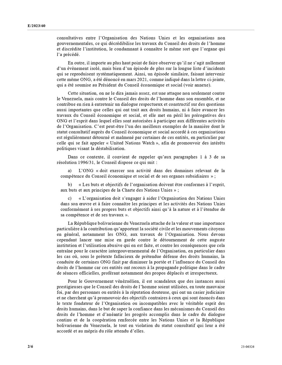 UNWatch_fr's tweet image. 🚨En mars dernier, nous avons invité l'ancien prisonnier politique vénézuélien @leopoldolopez à prendre la parole au Conseil des droits de l'homme de l'ONU.
En représailles, le régime de Maduro a lancé une procédure pour faire annuler notre accréditation. undocs.org/E/2023/60