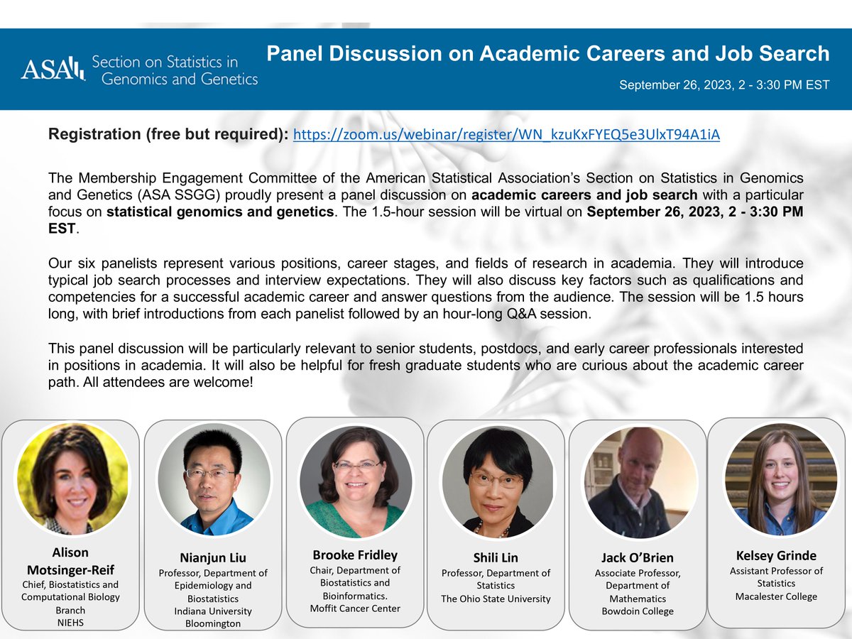Himel Mallick, PhD, FASA (He/him) (@mallick_himel) on Twitter photo 📢 After our successful industry panel in May, <a href="/ASA_SSGG/">ASA Section on Statistics in Genomics and Genetics</a> is excited to present an academic panel in September🎓
Learn from seasoned academics and demystify the job search process.
Registration (free but required): lnkd.in/e49nxKDG
#AcademicCareers #JobSearch #Academia 📢 After our successful industry panel in May, <a href="/ASA_SSGG/">ASA Section on Statistics in Genomics and Genetics</a> is excited to present an academic panel in September🎓
Learn from seasoned academics and demystify the job search process.
Registration (free but required): lnkd.in/e49nxKDG
#AcademicCareers #JobSearch #Academia