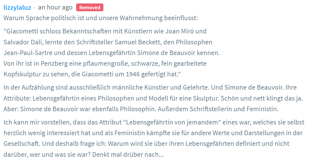 lizzylalaluz's tweet photo. @merkur_de Penzberger Lokalteil - Ein Artikel über eine neue Ausstellung im Penzberger Stadtmuseum. Aber der Autor oder wer auch immer scheint Angst vor Kritik zu haben. Oder seht ihr, warum dieser Kommentar wohl entfernt wurde? https://t.co/i7Dipq8RD9 https://t.co/VL0gX6HwHl