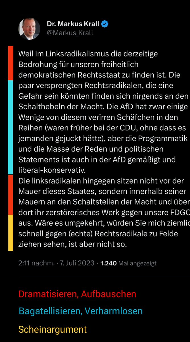ZuckerZucker3's tweet photo. Populistische #Rethorik anhand eines Tweets von @Markus_Krall erklärt.

1. Aufbauschen einer angeblichen Gefahr (🔴 im Bild).

2. Verharmlosung einer tatsächlichen Gefahr (🔵 im Bild).

3. Scheinargument. Hier die angeblich eigene Expertise (🟡 im Bild).

Alles meine Meinung. https://t.co/uL3y5oGwAr