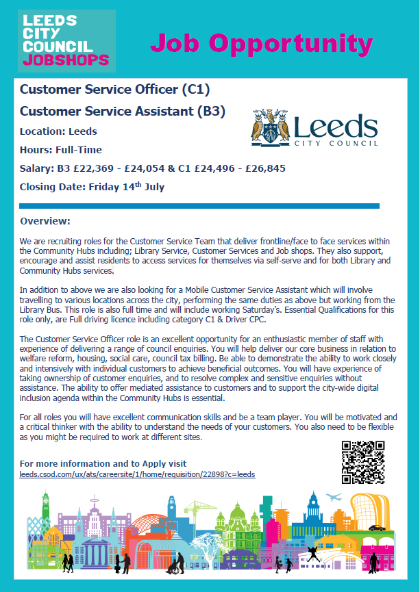 Leeds City Council are looking for Customer Service Assistants and Customer Service Officers to work in Community Hubs and Libraries across the city - including right here 😊 For more info and to apply click here ➡ leeds.csod.com/ux/ats/careers…