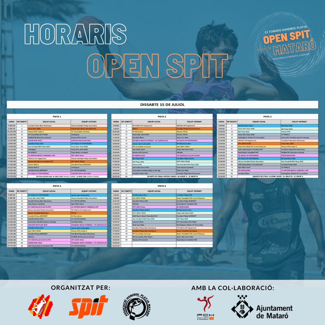 🚨𝐇𝐎𝐑𝐀𝐑𝐈𝐒 𝐎𝐏𝐄𝐍 𝐒𝐏𝐈𝐓:

Ja teniu disponibles els horaris del torneig d'aquest cap de setmana a Mataró.

Podeu trobar tota la informació del torneig en aquest enllaç: sites.google.com/view/open-spit…

Esperem entre tots fer un cap de setmana únic i ple del nostre esport.