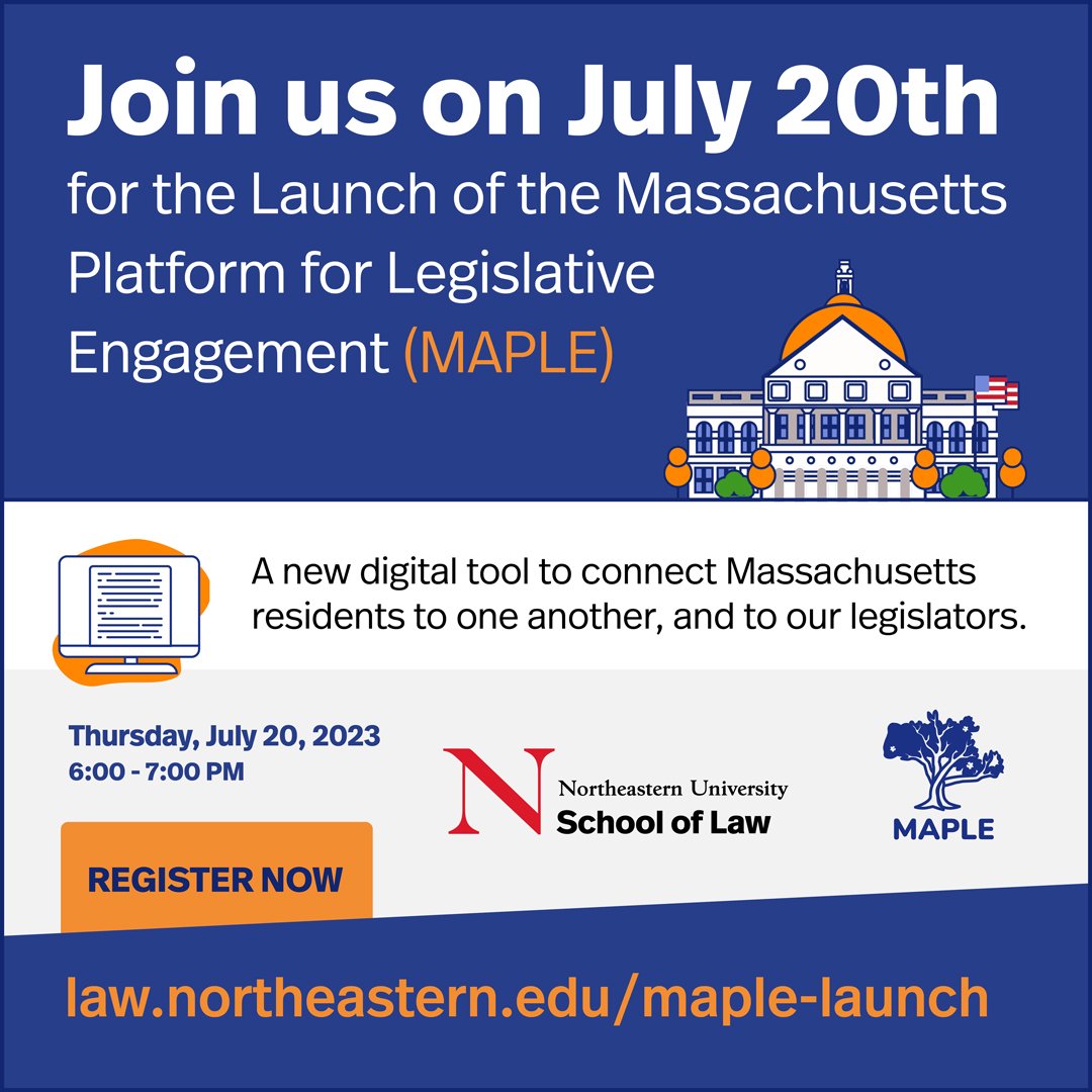 NuLawLab (@nulawlab) on Twitter photo Join us next Thursday, July 20th for the launch of mapletestimony.org! <a href="/MapleTestimony/">Maple Testimony</a> <a href="/NUSL/">NortheasternLaw</a> <a href="/CodeForBoston/">Code for Boston</a> Join us next Thursday, July 20th for the launch of mapletestimony.org! <a href="/MapleTestimony/">Maple Testimony</a> <a href="/NUSL/">NortheasternLaw</a> <a href="/CodeForBoston/">Code for Boston</a>