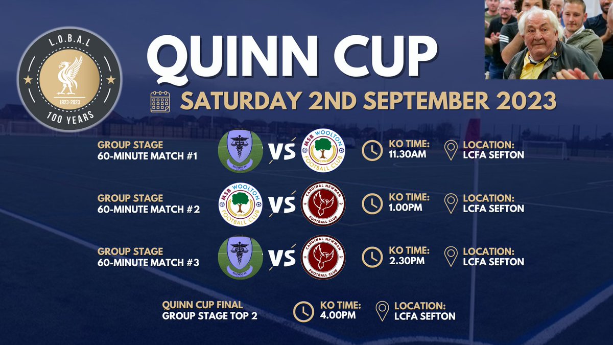 Liverpool Football League (@lpoolfl) on Twitter photo ๐จTHE INAUGURAL QUINN CUP๐
Our very first Fair Play-inspired season curtain raiser in honour of the legendary Aidan Quinn, takes place at the new home of <a href="/Liverpool_CFA/">Liverpool FA</a>๐
โฝ๏ธ <a href="/alumnifc/">Alumni FC</a> @ClubOmc <a href="/CNFC97/">Cardinal Newman FC</a>
๐๏ธ Sat 2 Sep
โ๏ธ From 11am-5pm
๐ <a href="/LcfaSefton/">LCFA SEFTON</a>
๐ค
#LOBAL ๐จTHE INAUGURAL QUINN CUP๐
Our very first Fair Play-inspired season curtain raiser in honour of the legendary Aidan Quinn, takes place at the new home of <a href="/Liverpool_CFA/">Liverpool FA</a>๐
โฝ๏ธ <a href="/alumnifc/">Alumni FC</a> @ClubOmc <a href="/CNFC97/">Cardinal Newman FC</a>
๐๏ธ Sat 2 Sep
โ๏ธ From 11am-5pm
๐ <a href="/LcfaSefton/">LCFA SEFTON</a>
๐ค
#LOBAL