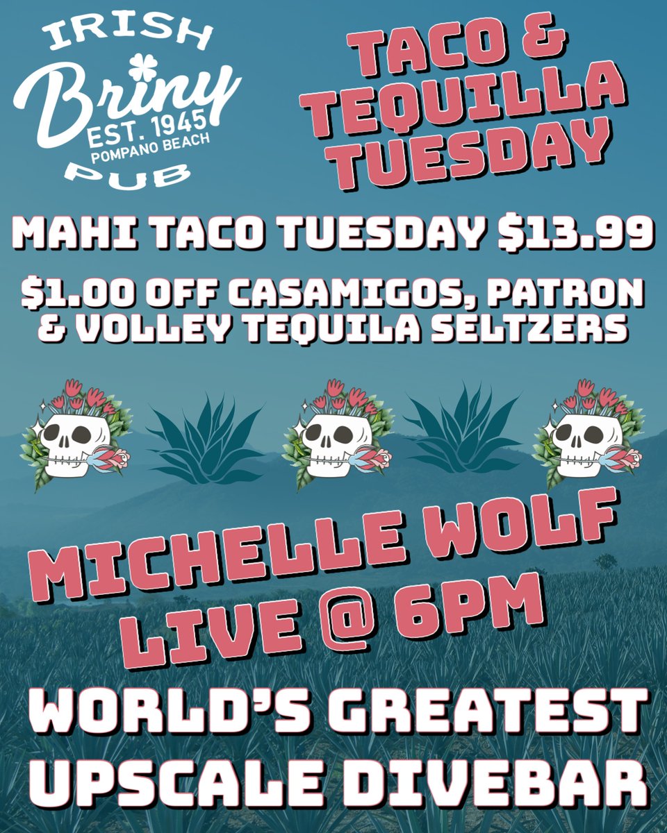 7/11/23 Michelle Wolf is live @ 6PM. Mahi Taco & Tequila Tuesday Special! $1 Off Casamigos, Patron & Volley Seltzers. Briny Hour M-F 4-7PM. Live Music 7 Days a week! #pompanobeach #localmusic #livemusic #irishpub #divebar #craftbeer #michellewolf #mahi #mahitacos #tacotuesday https://t.co/4JU7ACYRCu