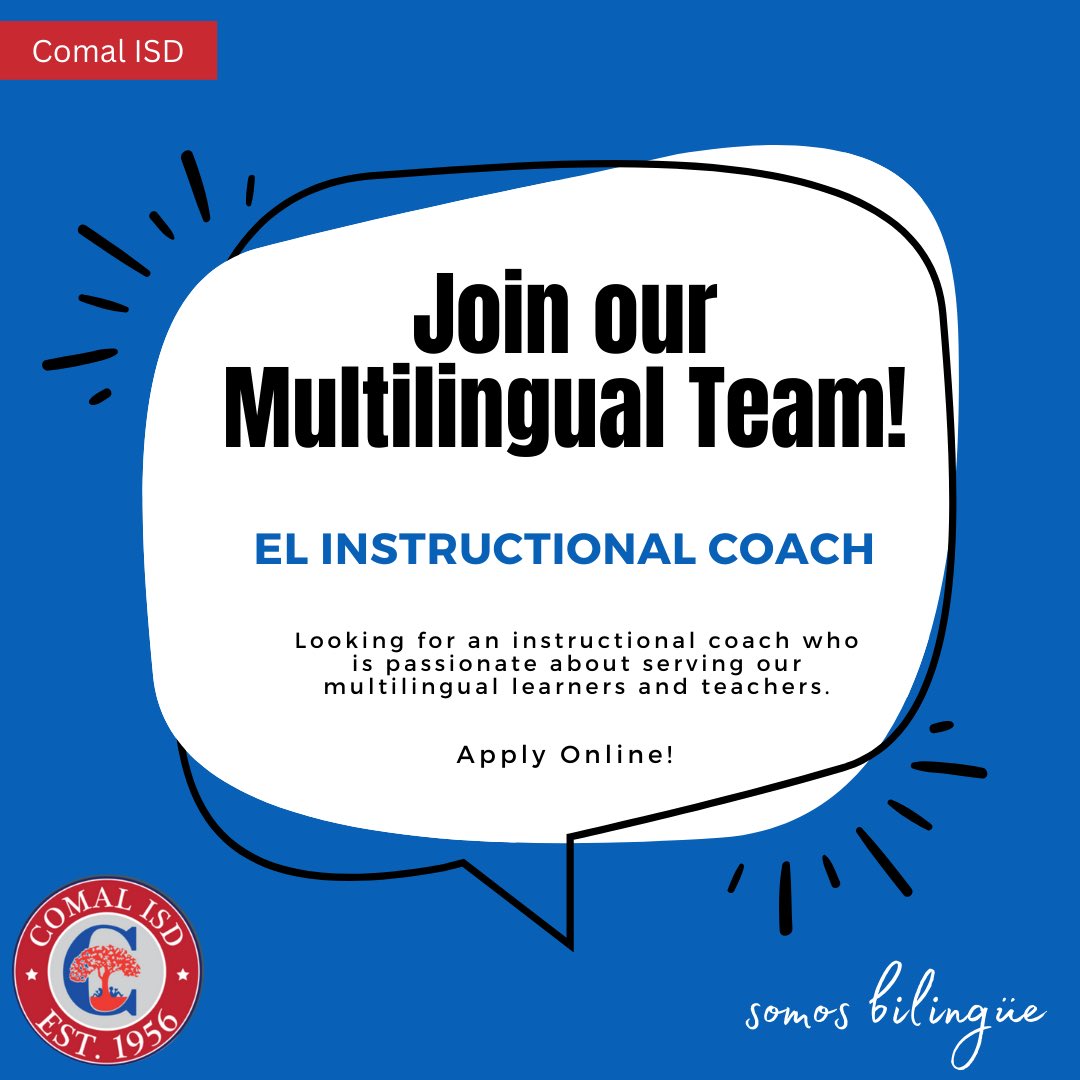 Carina Merkel (@carinammerkel) on Twitter photo We are looking for an instructional coach with a passion for Dual Language and support for teachers of our multilingual learners in Comal ISD! Please spread the word!!
Apply at: comal.tedk12.com/hire/ViewJob.a… We are looking for an instructional coach with a passion for Dual Language and support for teachers of our multilingual learners in Comal ISD! Please spread the word!!
Apply at: comal.tedk12.com/hire/ViewJob.a…