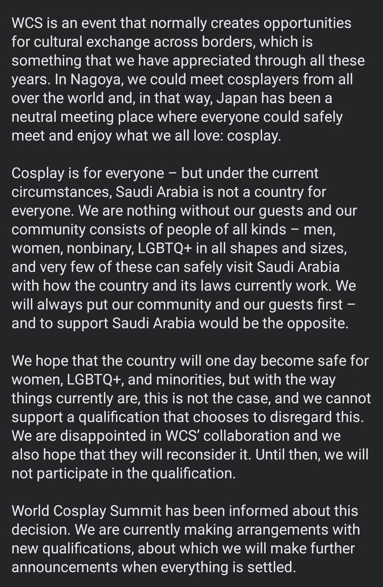 J-Popcon is officially withdrawing from World Cosplay Summit due to the companies involvement with Saudi Arabia.
There will be no Danish qualifiers as of this year. Danish cosplayers attending WCS events will be doing it of their own volition.