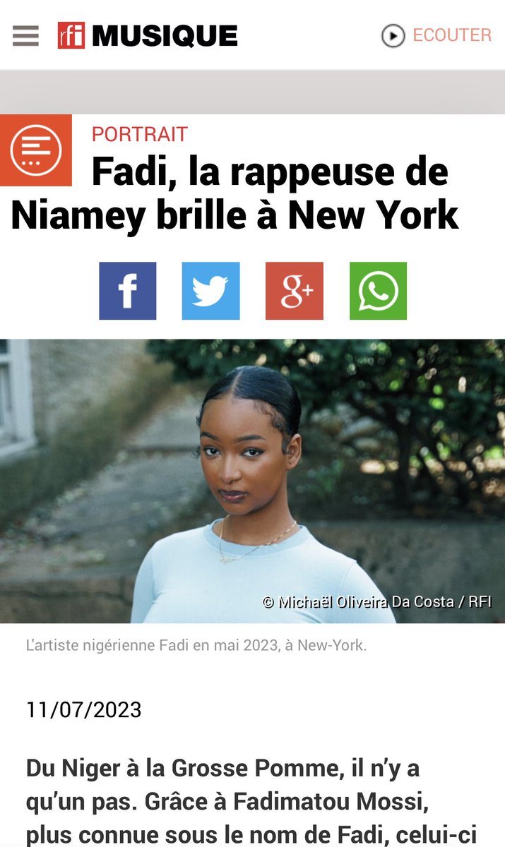 Holaa! J’ai mon premier article qui vient de sortir sur RFI! Il y’a quelques altérations 😂😅 mais voila! 
•
FADÍ, l’artiste** de Niamey à New York 🥰 (musique.rfi.fr/rap/20230710-f…)