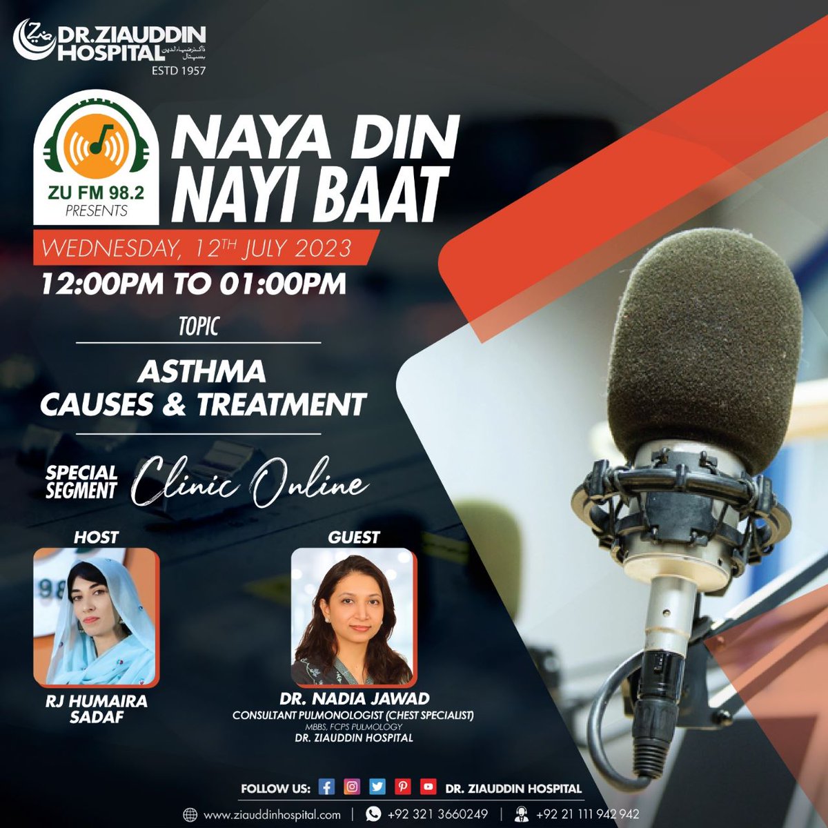 Listen to Dr. Nadia Jawad, Consultant of Pulmonologist (chest specialist) at Dr. Ziauddin Hospital speak about 'Asthma causes and treatment' Live on ZU FM  98.2, Wednesday at 12:00 pm. #DZH #DrZiauddinHospital #asthma #AsthmaDay #asthmatreatment #RadioShow #healthcare