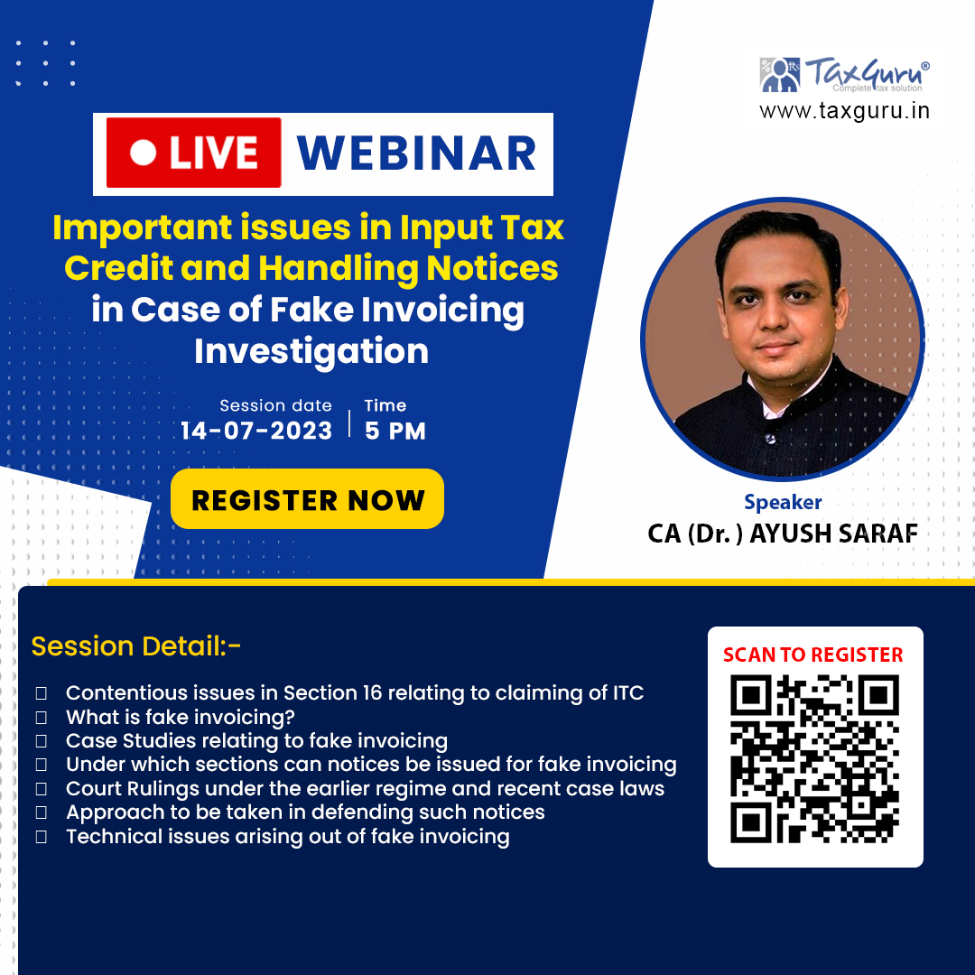 Live Webinar on Important Issues in Input Tax Credit and Handling Notices in Case of Fake Invoicing Investigation
taxguru.in/goods-and-serv…
#Live #Webinar #Important #Issues #InputTaxCredit  #Notices #Fake #Invoicing #Investigation