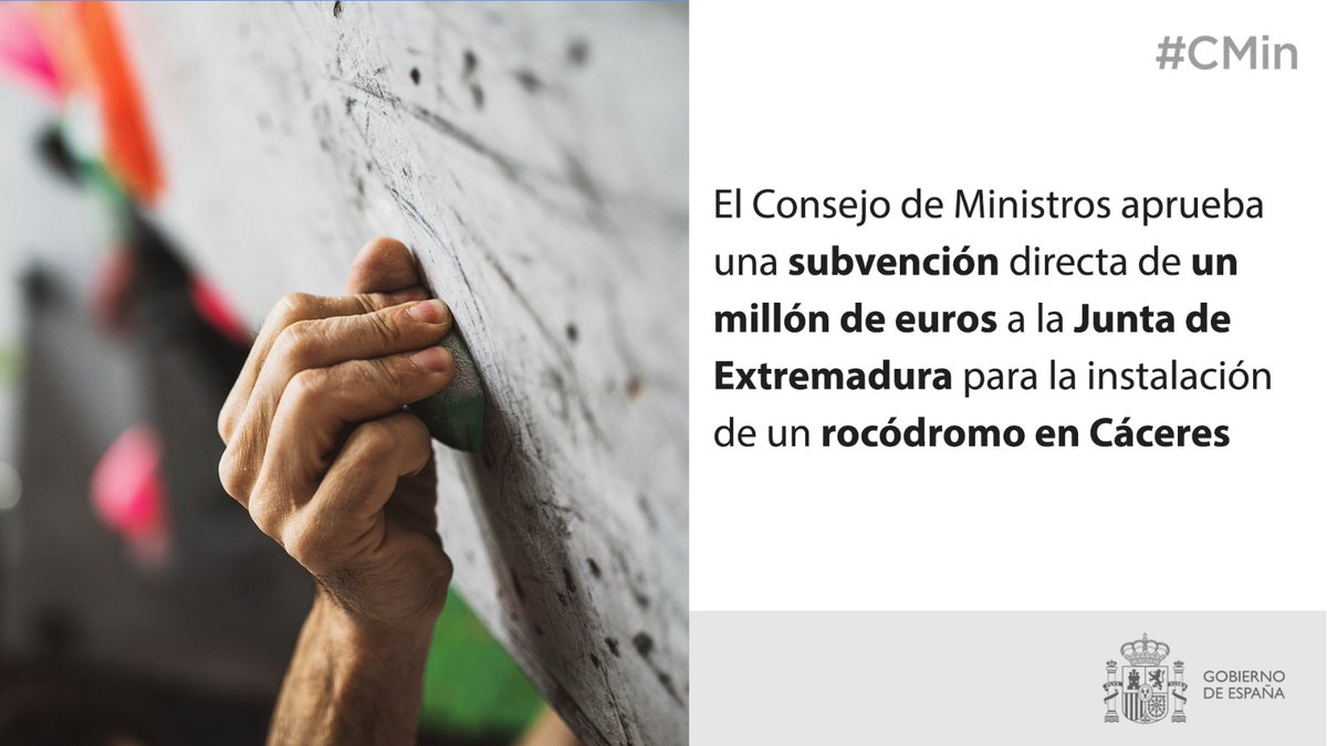 🗞️ El Consejo de Ministros (#CMin) aprueba una subvención directa de 1 millón de euros a la Junta de Extremadura para la instalación de un #rocódromo en #Cáceres

✅El proyecto persigue la consolidación de la especialidad deportiva olímpica de #escalada
culturaydeporte.gob.es/actualidad/202…