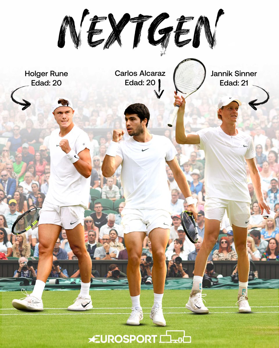 Eurosport_ES's tweet photo. 🎾 La primera vez que tres jóvenes de la Next Gen, menores de 21 años, llegan a los cuartos de final del mismo Grand Slam.

El cambio generacional se confirma en este #Wimbledon con @carlosalcaraz entre ellos. https://t.co/TD6FjbnpIY