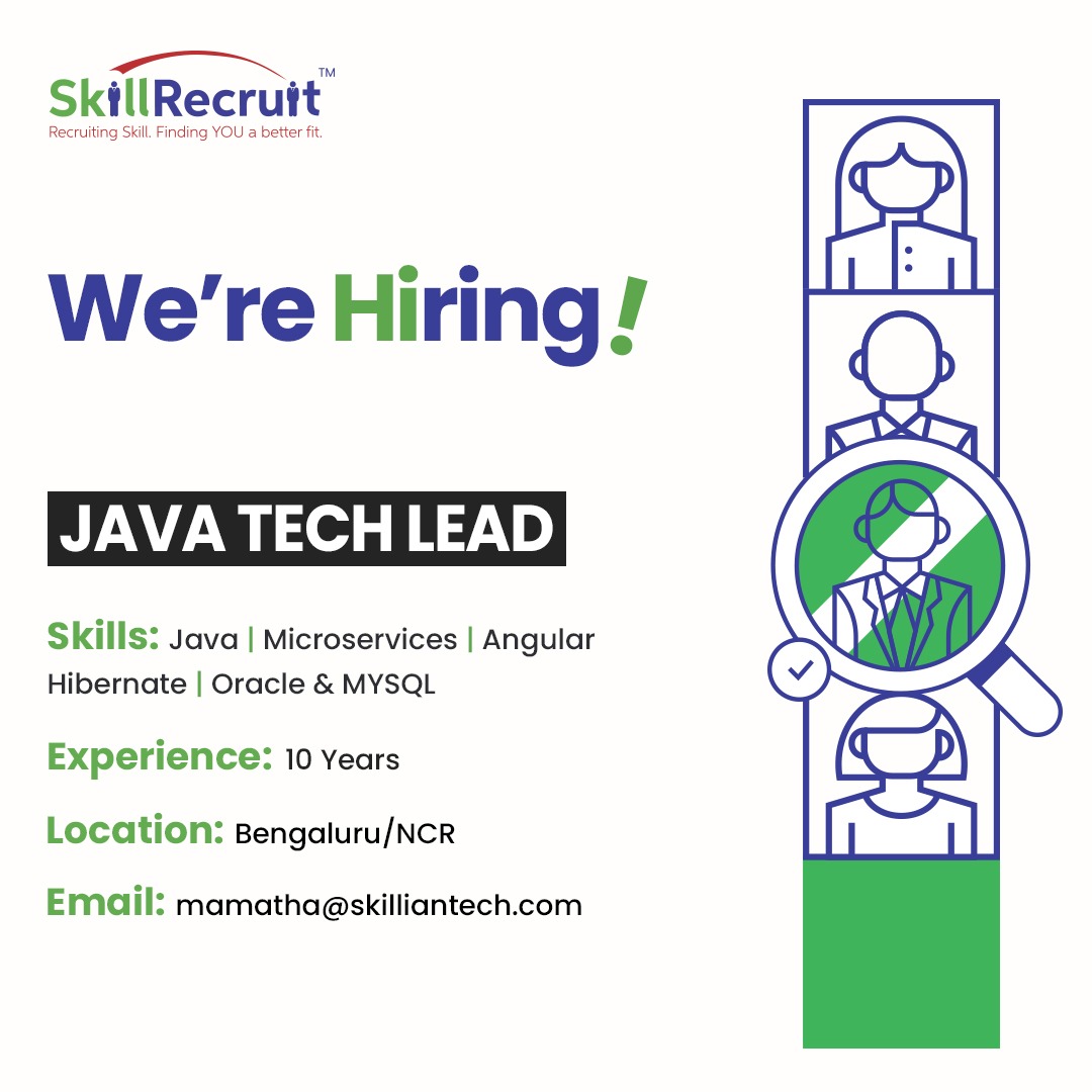 SkillRecruit's tweet image. We&apos;re Hiring!

Join our team and skyrocket your career.

Position: Java Tech Lead
Skills: Java | Microservices | Angular Hibernate Oracle &amp;amp; MYSQL
Experience: 10 Years
Location: Bengaluru/NCR
Email: mamatha@skilliantech.com

#skillrecruit #skilliantech #hiringnow