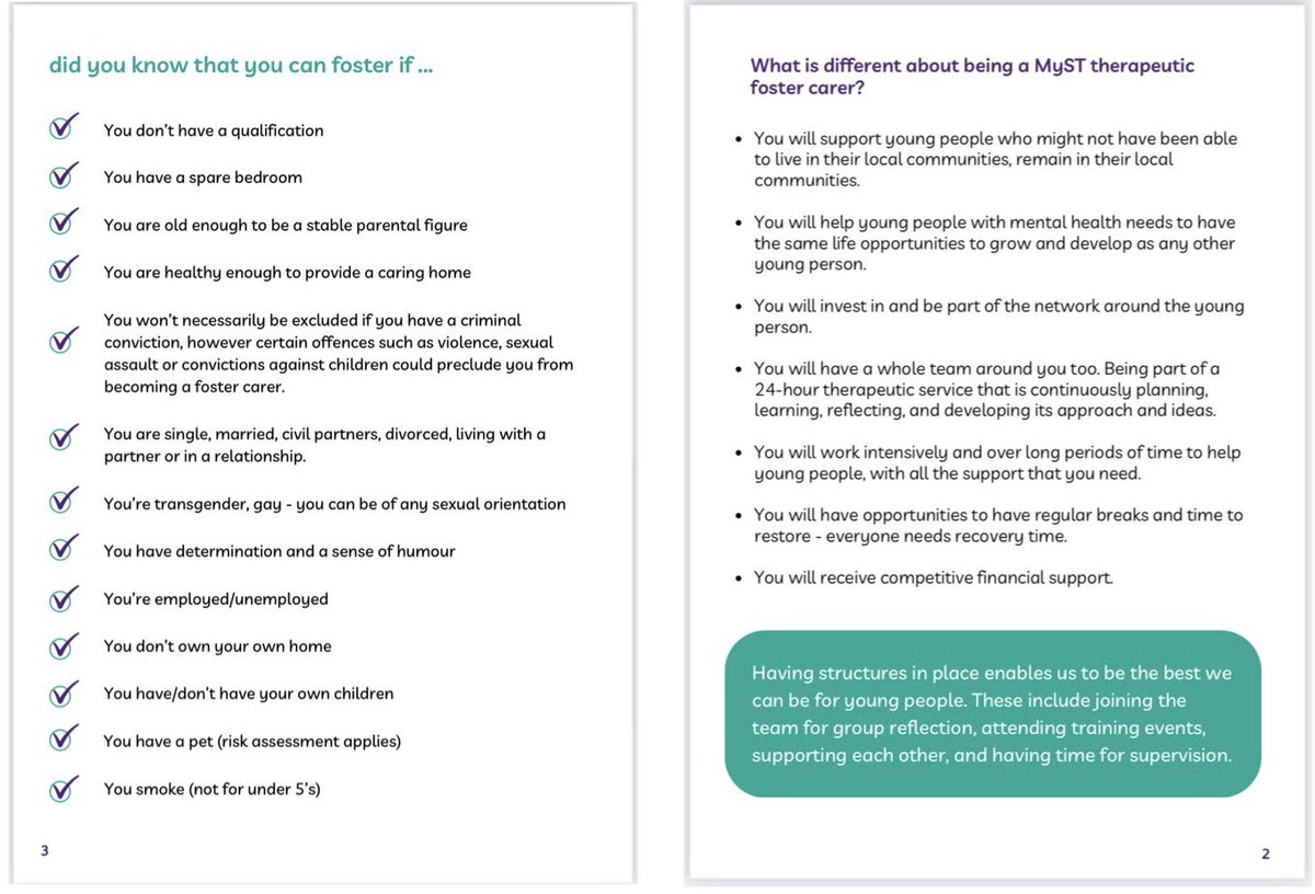 MySupportTeam_'s tweet photo. 💜Are you thinking about becoming a foster carer…? 
💜What about a MYST; local authority MyST foster carer? 

Therapeutic care involves holding an understanding of the young person. You will have a whole team around you being part of a 24/7 therapeutic service with all the support you need. 
Help local children and young people achieve their full potential.
Take a look at our leaflet below…