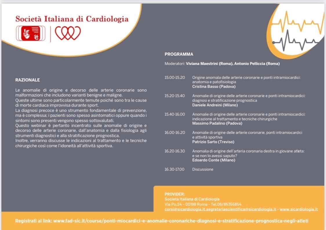 Non mancate domani al webinar su ponti miocardici e anomalie di origine delle arterie coronarie negli atleti #SIC_Cardiologia#GdS Cardiologia dello Sport