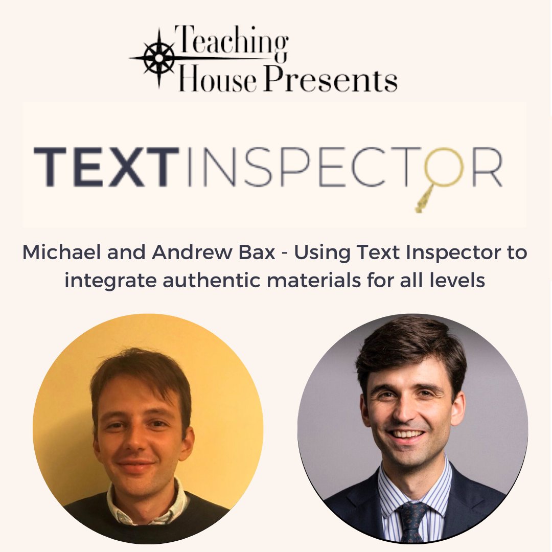 TxtInspctor_com's tweet photo. Text Inspector partners with Teaching House for their FREE "Teaching House Presents" event tomorrow, July 12, 2023. Book online, and meet Andrew and Michael Bax and other TEFL professionals.
https://t.co/O9u3hoIaPI #textinspector #teachinghouse #TEFL https://t.co/2zKrRZdTW3