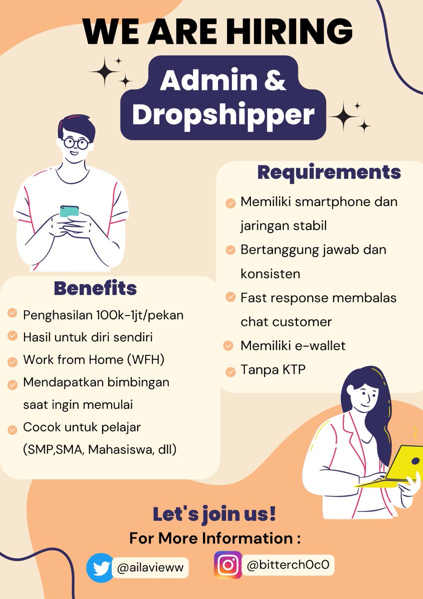 ailavieww's tweet photo. @tanyarlfes INFO LOKER FREELANCE ✨

✅ Penghasilan 100k-1jt/pekan 
✅ Work from home
✅ Cocok untuk semua kalangan (SMP, SMA, Mahasiswa, dll) 

DM for more info 💗
#zonauang #freelance #infocuan #admin #dropshipper #bisnisupdate https://t.co/e81zKfq2Ao