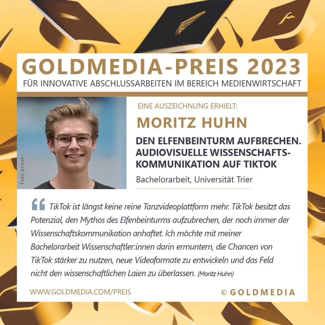 „TikTok besitzt das Potenzial, den Mythos des Elfenbeinturms, der noch immer der Wissenschaftskommunikation anhaftet, aufzubrechen.“ Das sagt <a href="/moritz_huhn/">Moritz Huhn</a>  in seiner Bachelorarbeit <a href="/TrierUni/">Universität Trier</a>. Auszeichnung im Rahmen des #GoldmediaPreises für Abschlussarbeiten. #tiktok #preis