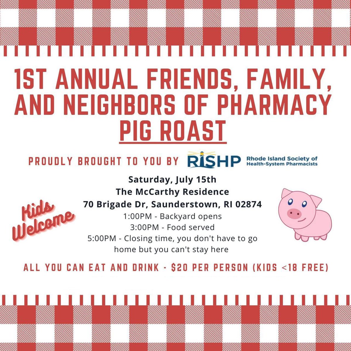 Registration extended for our First Annual RISHP Pig Roast!  Join us for some Summer fun!

rishp.org/event-5308433