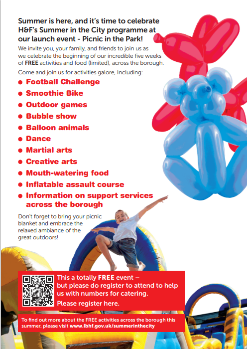 FulhamReachBC's tweet photo. ποΈ Join @LMPGroupUK & @LBHF's FREE 'Summer in the City' Launch event β Picnic in the Parkπ§Ί!
It promises to be a great day π with food & lots of fun!!
Itβs tomorrow, Saturday 15th July, in #RavenscourtPark, W6 from 12-3pm. Everyone is welcome!
#Hammersmith #Fulham #Community https://t.co/8xW0yMM7Qv