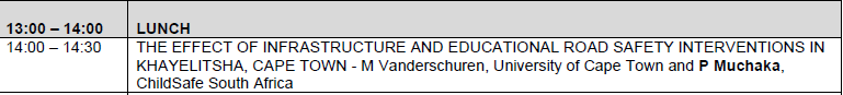 Just finished presenting a paper co-authored with @MarianneCT1 on the Walking Safely to School project at #SATC2023. Looking forward to feedback on the Safe School Zone toolkit that is under development. 
<a href="/ChildsafeSA/">ChildSafe South Africa</a> 
<a href="/FIAFdn/">FIA Foundation</a> 
<a href="/transport_sa/">SATC</a>
