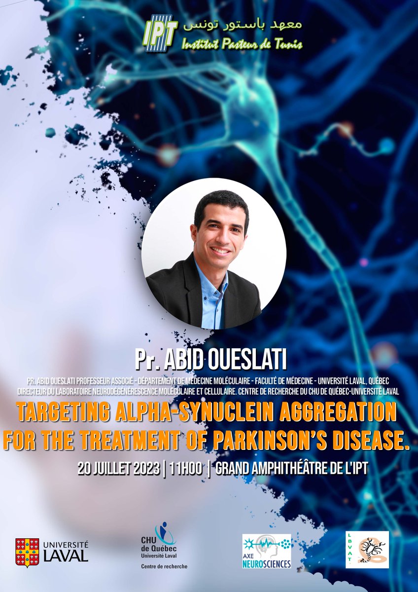 Pasteur_Tunis's tweet photo. 📢@Pasteur_Tunis est ravi d'accueillir le Pr. Abid Oueslati, pour une conférence intitulée "Targeting alpha-synuclein aggregation for the treatment of Parkinson’s disease"
🗓️le 20 juillet 2023 à 11h dans le grand amphithéâtre de l'IPT
👉plus d'information: https://t.co/DkgJVTFBZO https://t.co/AhJG2UKinI