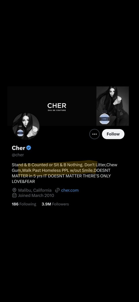 1.  From Cher's Twitter profile

Smile and say what to homeless people, Cher?  