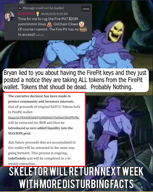 ReFiCrypto's tweet photo. @BryanLegendCEO Nobody is buying your lies, Snowy. Everyone knows it was cumulative.

Everyone also knows you lied about the firepit keys. Magically the wallet was accessed and tokens that shouldn't exist were dumped to steal liquidity. Just one example. #scam #safuu #bryanlegend @coffeebreak_YT https://t.co/AMNKfkJZpq