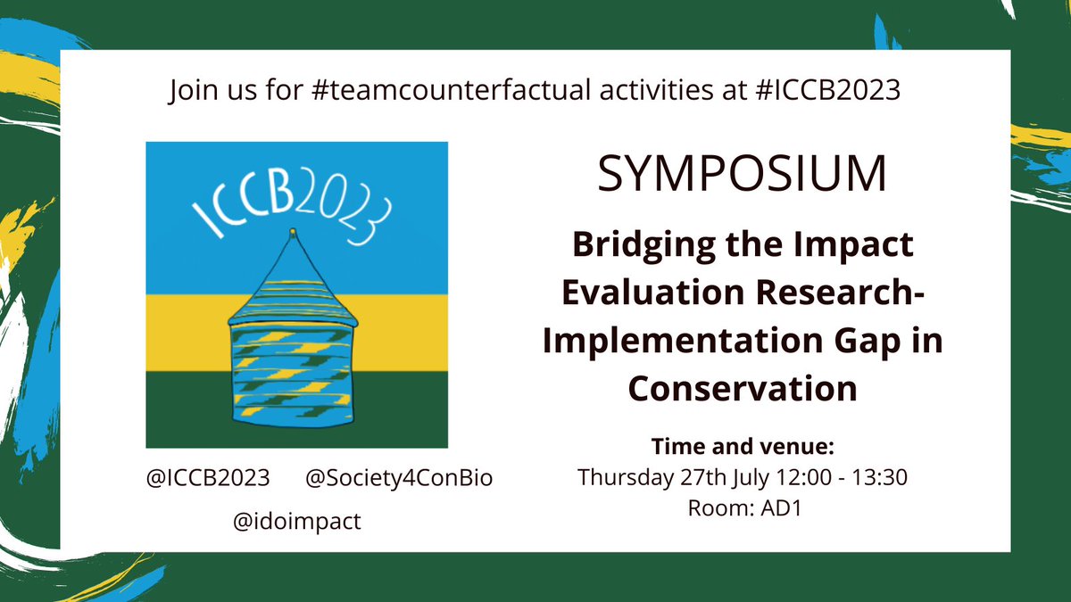 idoimpact's tweet image. Join us at #ICCB2023 on Thurs. July 27th 12 - 13:30 for our symposium "Bridging the Impact Evaluation Research-Implementation Gap in Conservation" in room AD1. Plus, join our networking event on the evening of the 26th! See the full program here: tinyurl.com/akadvsuh