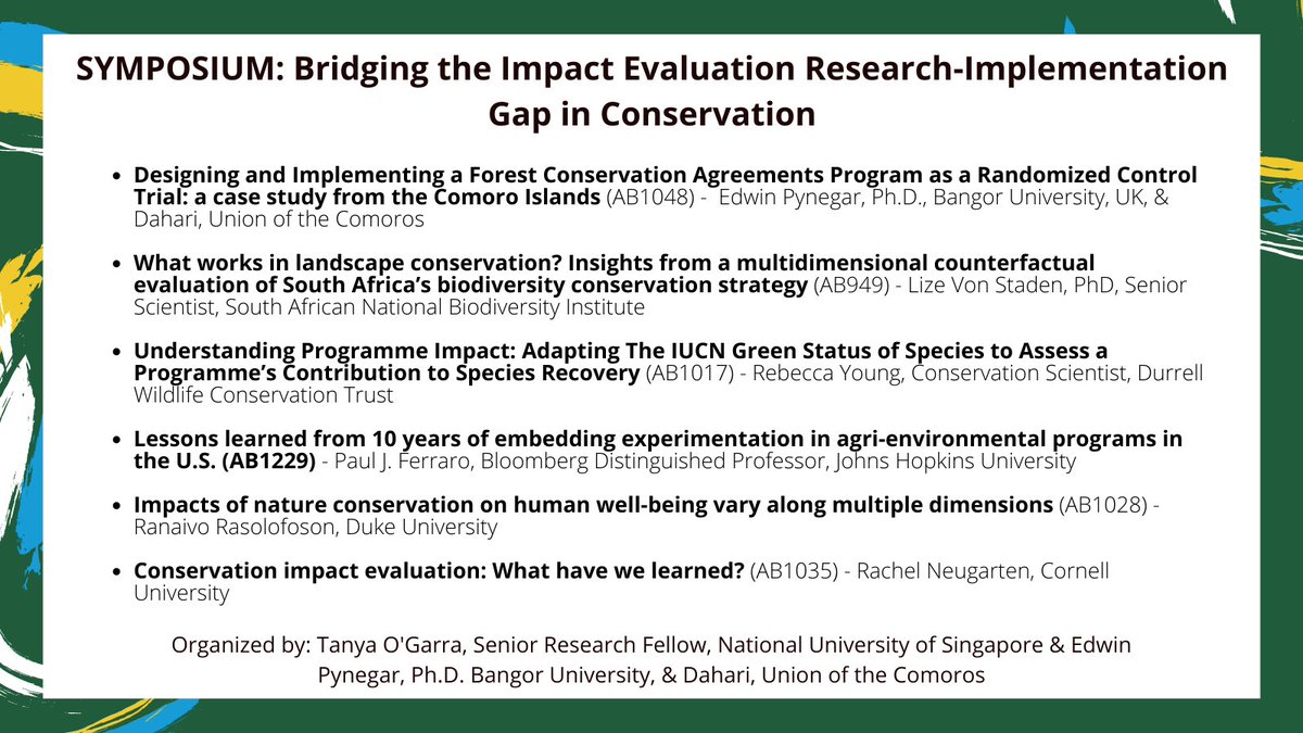 idoimpact's tweet image. Join us at #ICCB2023 on Thurs. July 27th 12 - 13:30 for our symposium "Bridging the Impact Evaluation Research-Implementation Gap in Conservation" in room AD1. Plus, join our networking event on the evening of the 26th! See the full program here: tinyurl.com/akadvsuh