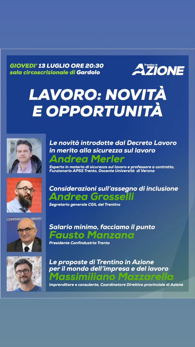 Giovedì 13 luglio ore 20:30 a #Gardolo presso la Circoscrizione. #andreamerler <a href="/gros72/">Andrea Grosselli</a> <a href="/mraffa1946/">mario raffaelli 🇮🇹🇪🇺</a> @Trentino_Azione <a href="/Azione_it/">Azione</a> <a href="/PresConfTN/">Fausto Manzana</a> <a href="/ConfindustriaTN/">Confindustria Trento</a>  #lavoro #sicurezza