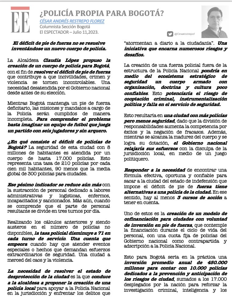 Cesarestrepof's tweet photo. ¿La inseguridad de @bogota se resuelve creando una Policía de la ciudad?
¿Es posible ofrecer seguridad con escasez de pie de fuerza?
¿Por qué el número 71 es clave en la comodidad de criminales y violentos?

¿POLICÍA PROPIA PARA BOGOTÁ?
Esta semana en….
https://t.co/Psh1JsqVJt https://t.co/GHjT3epXjw