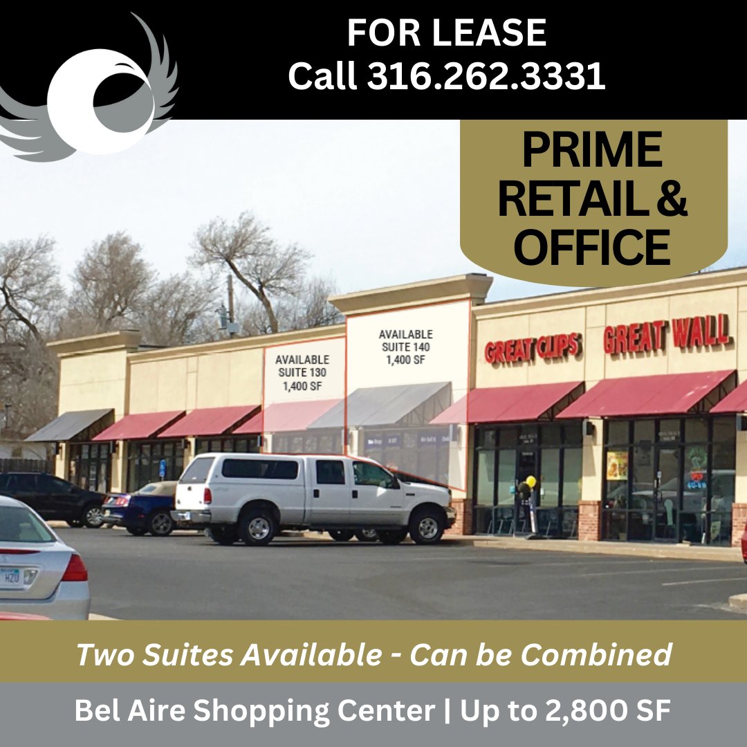 Occidental_Mgmt's tweet photo. Customizable retail and office space available at the high-traffic intersection of 37th and Woodlawn in Bel Aire. Two suites available, with the option of up to 2,800 total SF. 

Call for a showing today at 316.262.3331. Full property details: https://t.co/159xKwAjiO https://t.co/gDjfWTXh4x