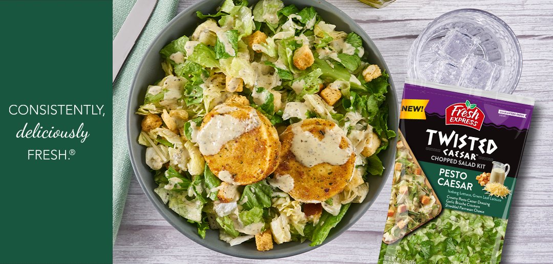 FreshUpdates's tweet photo. The Fresh Express® Twisted Pesto Caesar Chopped Salad Kit® packs all the flavor you could ever want - plus some extra crunch with fried, breaded mozzarella cheese. It's a delicious meal that'll make your tongue dance with joy! 
https://t.co/jGLowdy2Lw

#FreshCaesarLove https://t.co/ekmBcxmt61