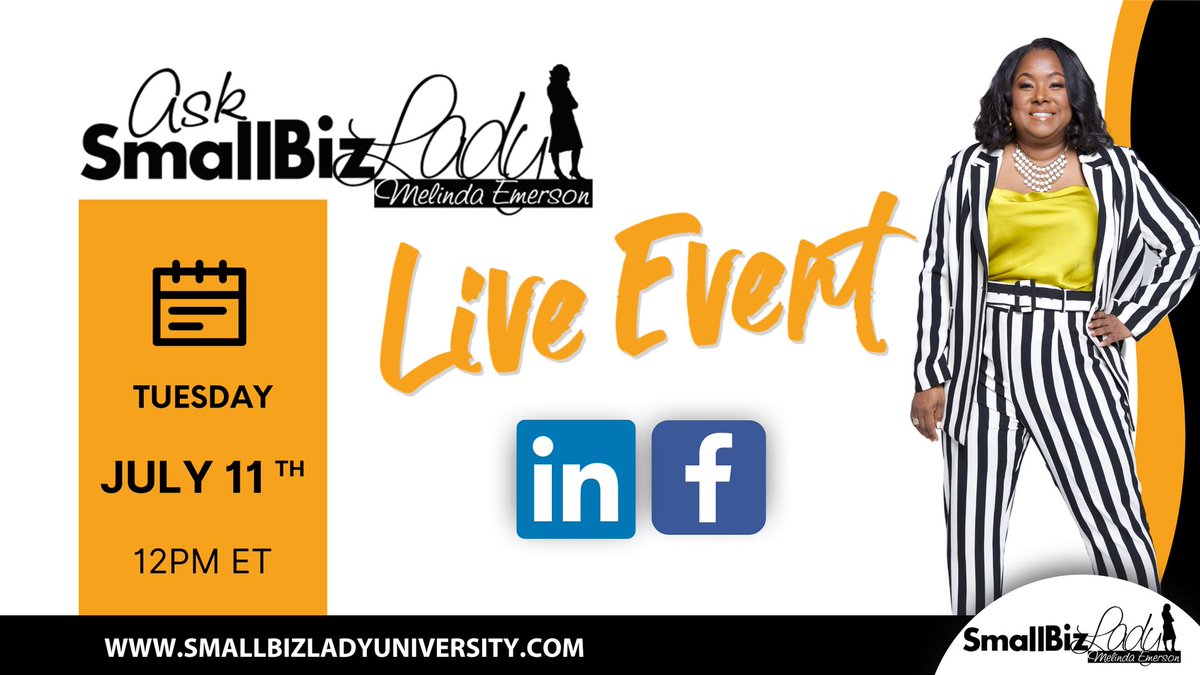 SmallBizLady's tweet photo. 📣 It's finally here! #AskSmallBizLadyLive starts soon! 🎉 Get answers about entering the speaking industry, booking gigs, pricing & more. See you on LinkedIn LIVE or Facebook LIVE!
#ProfessionalSpeaking #SmallBizCommunity https://t.co/cZ0k4Wx7UX
