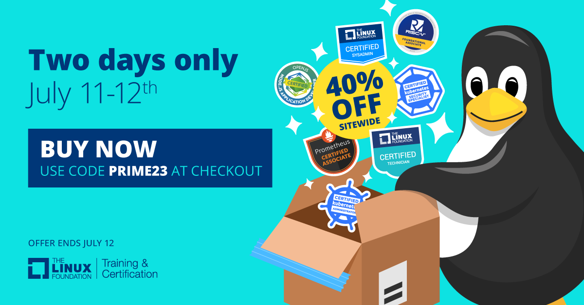 LFE_Foundation's tweet photo. Only 2 days to $AVE 40% when you enroll in a new course or certification exam from @LF_Training. Use code: PRIME23. Enroll today: https://t.co/ZoQPQaRu9a
#Linux #ITcertification #ITjobs #ITcareers #TechJobs #DevJobs #HireDevelopers #OpenSourceCareers https://t.co/VQUaRxUjDJ