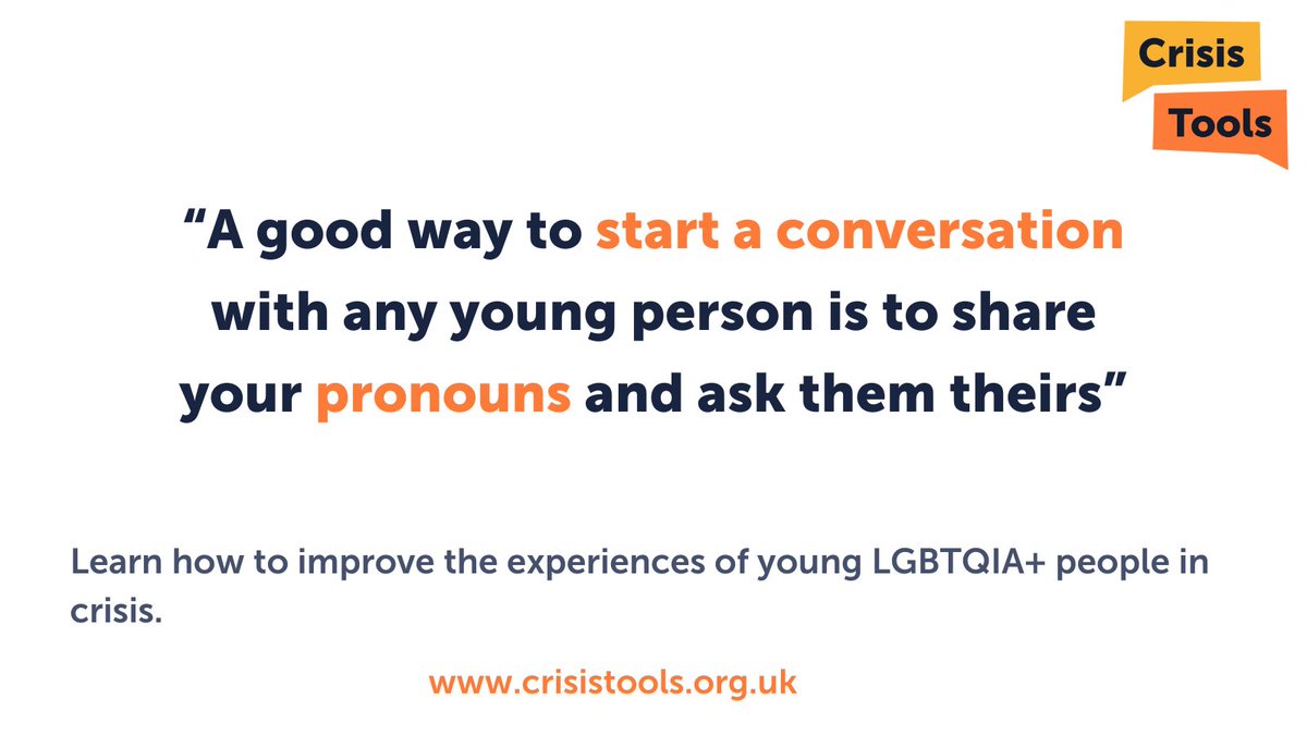 💡Did you know that something as simple as sharing your pronouns and asking for theirs can help make young LGBTQIA+ people feel more comfortable?

We share helpful advice like this, plus so much more, in our “Top Tips for young LGBTQIA+ people" module!

crisistools.org.uk/training/lgbtq…