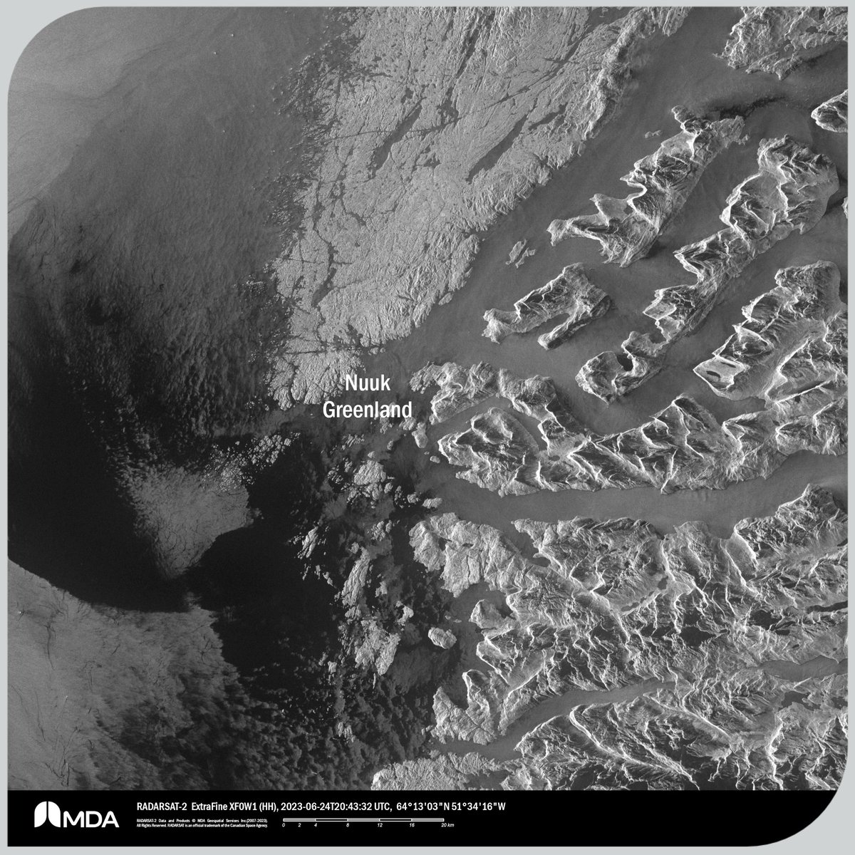 MDA_space's tweet photo. It’s World Population Day so we pulled this RADARSAT-2 image of Nuuk, the capital of the world’s least densely populated country Greenland. #OnOurRadar #WorldPopulationDay https://t.co/d7UccKaMMK