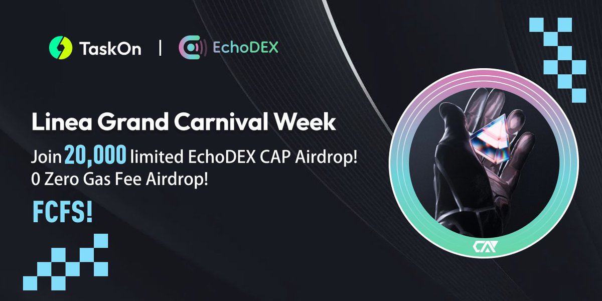 Get ready for Round 1 of #Linea Carnival Week with <a href="/Echo_DEX/">EchoDEX | Mainnet on Linea</a> on <a href="/taskonxyz/">TaskOn | Ultimate Web3 Community Growth Platform</a>! 🚀  

Take part in the celebration and claim your reward! 🤩 taskon.xyz/campaign/detai…  

20 000 limited CAPs are up for grabs! 🎁 

#TaskOn #Web3 #Echo_DEX #Crypto #Airdrop
